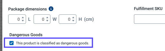 Box highlights the checkbox to indicate product is Dangerous Goods