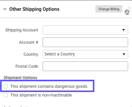 Other shipping options with the option This shipment contains dangerous goods highlighted.