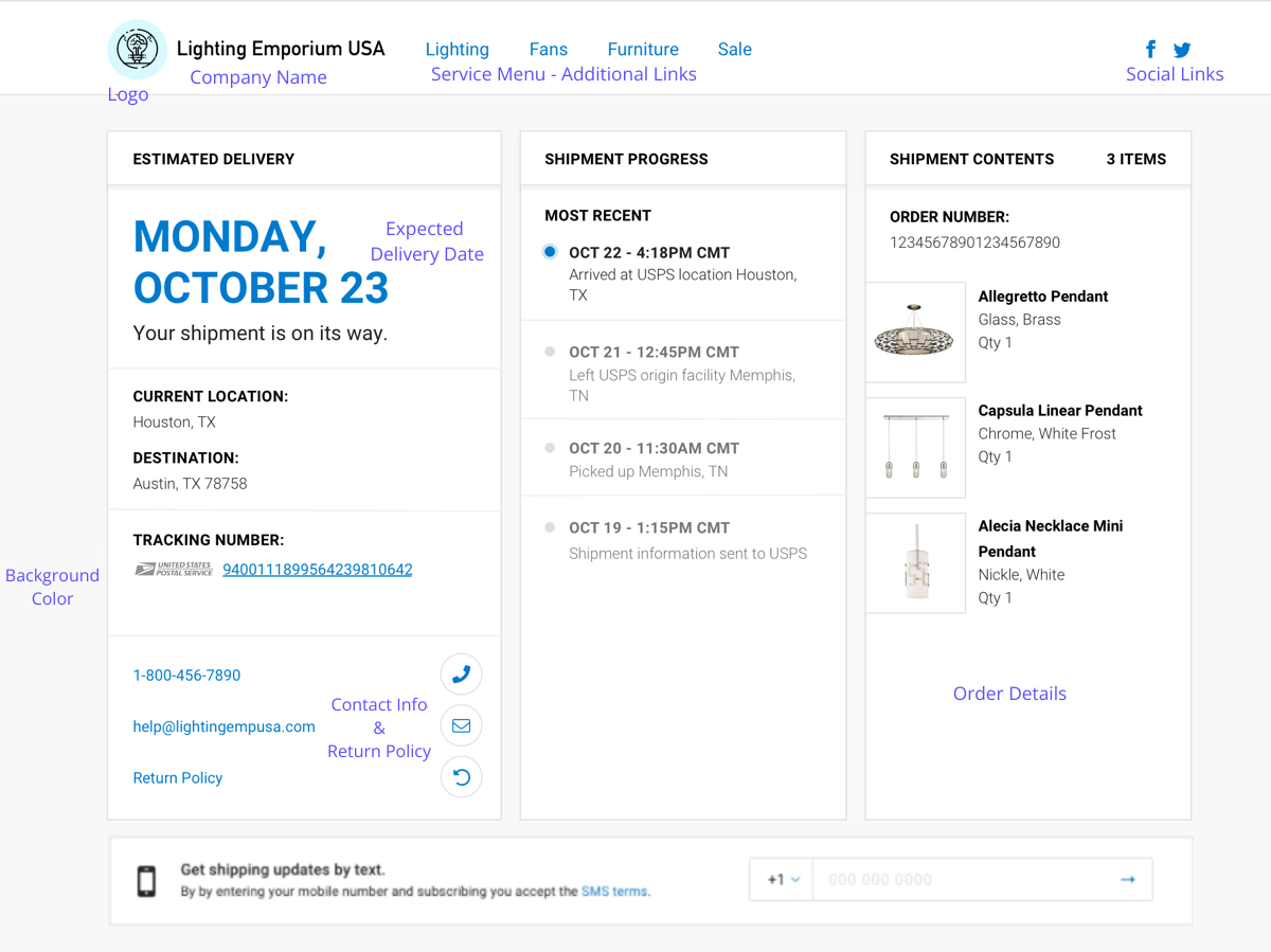 Branded Tracking Page example with each section of the page labeled for its related setting.