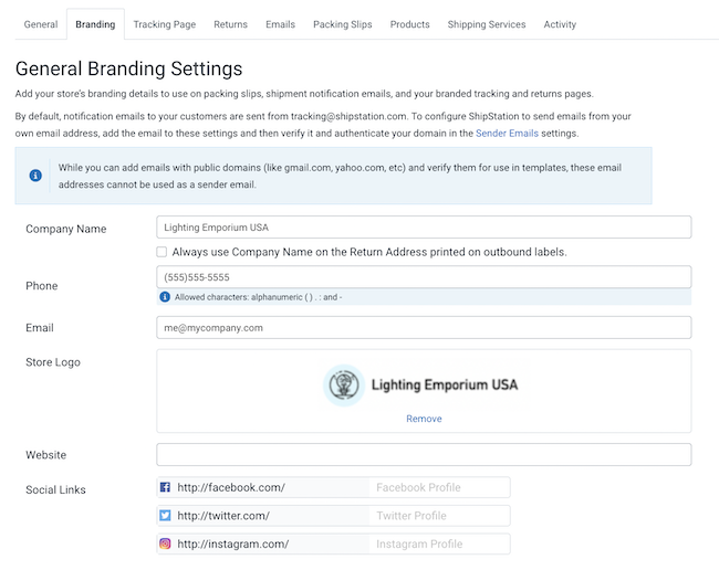 The Branding tab in store settings with a store logo uploaded.