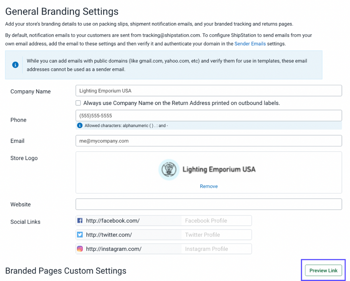 Branding tab of Store Setup with arrow pointing to the Preview Link button