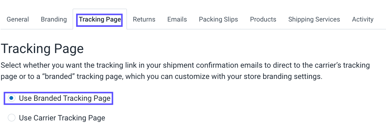Tracking Page tab in the store settings. Use Branded Tracking Page option is outlined.
