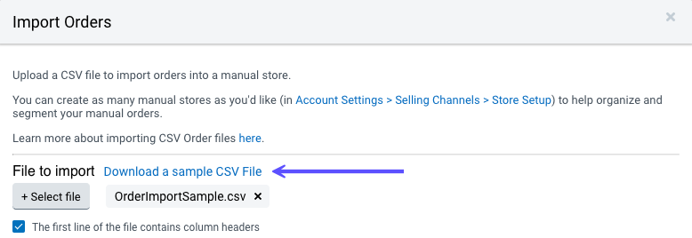 Detailansicht des Pop-up-Fensters für den CSV-Import. Der rote Pfeil zeigt auf die CSV-Datei, die der Benutzer für den Import ausgewählt hat.