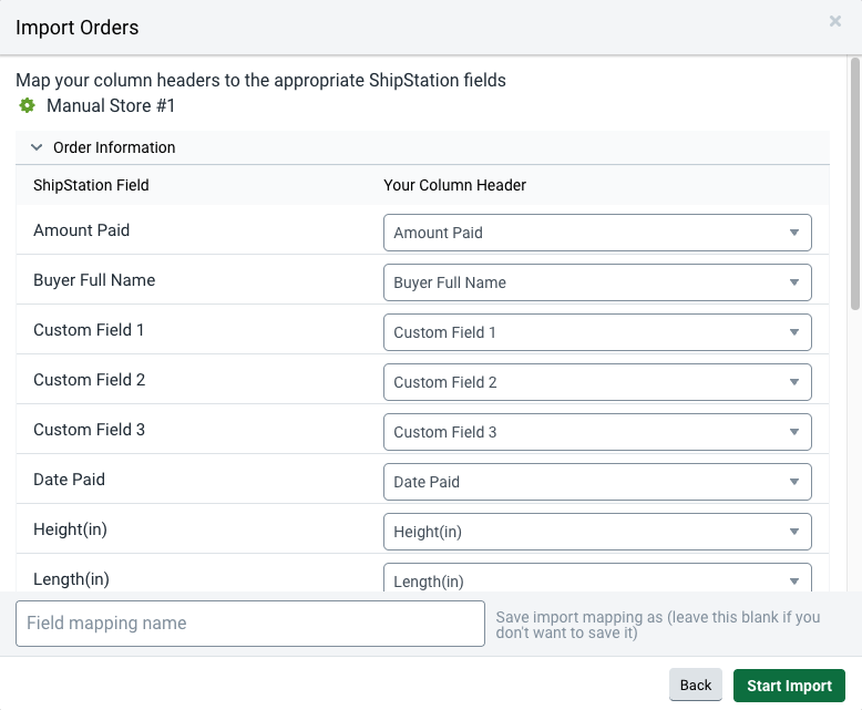 Fenêtre contextuelle Importer des commandes. Indique les champs ShipStation à gauche et les menus déroulants Champ CSV à droite.