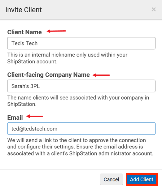 Ventana emergente Invitar al cliente con el nombre del cliente, el nombre de la empresa de cara al cliente y el correo electrónico ingresado. Botón "Agregar cliente" seleccionado.