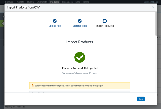 Pop-up „Import“. Zeigt eine Erfolgsmeldung und einen Link zur Überprüfung möglicher Fehler an.