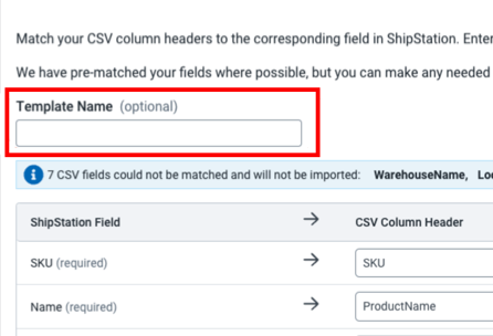 Pop-up „Produkte importieren“. Der Kasten hebt das Feld „Vorlagenname (optional)“ hervor
