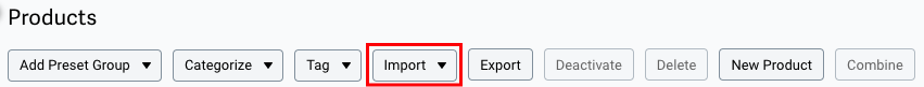 Registerkarte „Produkt“ hervorgehoben Schaltfläche „Importieren“.