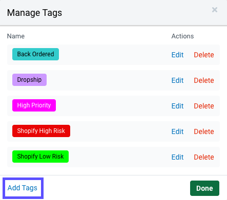 Manage Tags pop-up. Red box highlights Add Tags link