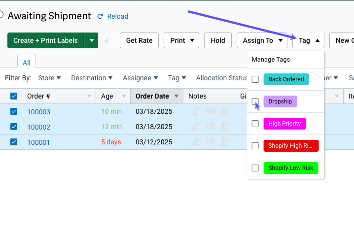 Orders tab. Arrow points to Tag action menu with dropdown options visible.