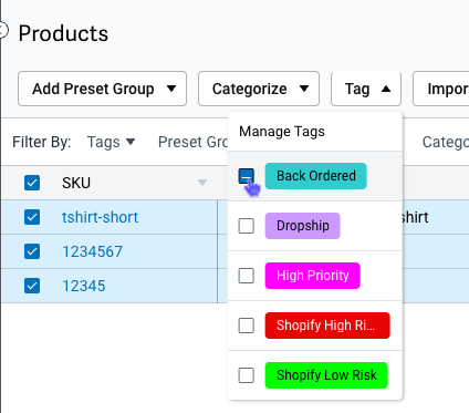 Tag menu with Back Order tag selected.