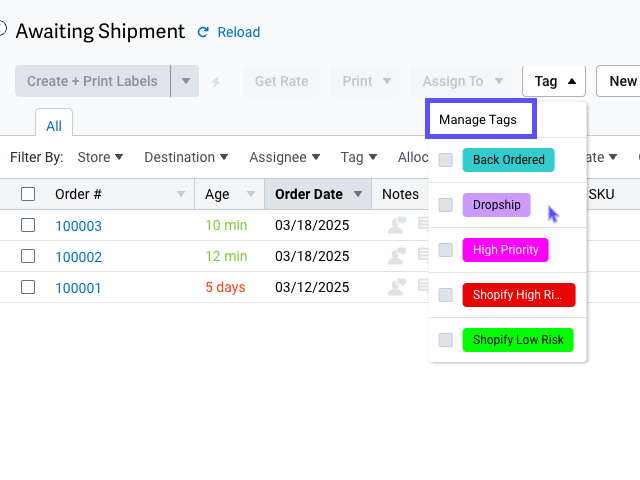 Orders tab, Tag menu selected. Manage Tags option highlighted in red box.