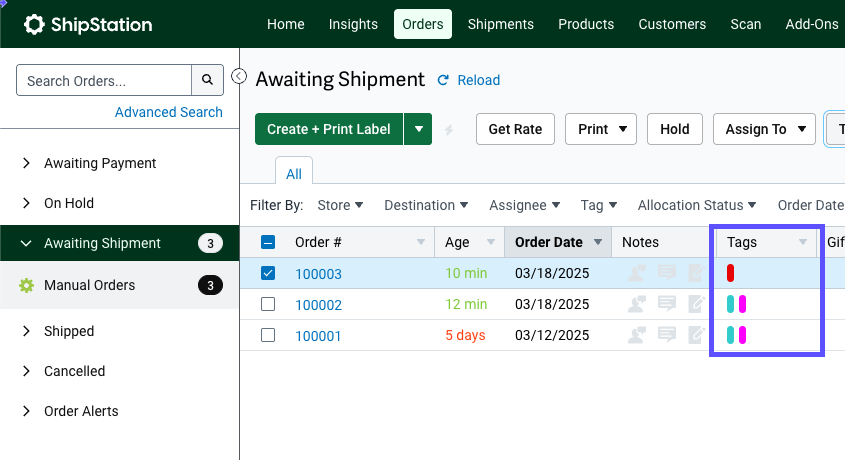 The order grid that shows the tags column marked.