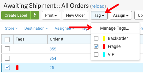 Closeup: arrow points to Tag menu dropdown. 2nd arrow points to Manage Tags option in dropdown