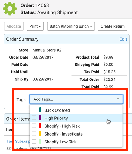 Red box highlights Tags & Add Tags dropdown