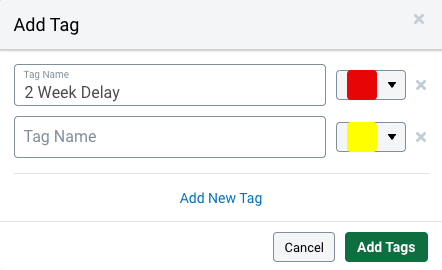 Pop-up Ajouter un tag. On voit le champ du nom du tag, le menu déroulant pour choisir une couleur, le lien Ajouter un nouveau tag et le bouton Ajouter des tags.