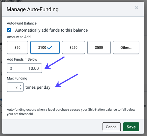Popup zur Verwaltung der automatischen Aufladung. Pfeile zeigen auf die 3. und 4. von 4 Optionen: Guthaben aufladen, wenn unter (Schwellenwert), und Maximale Anzahl an Aufladungen pro Tag.