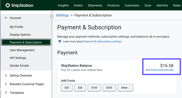 Paramètres pour Paiement et abonnement, l'option Ajouter des fonds automatiquement est encadrée en rouge dans la section Solde ShipStation