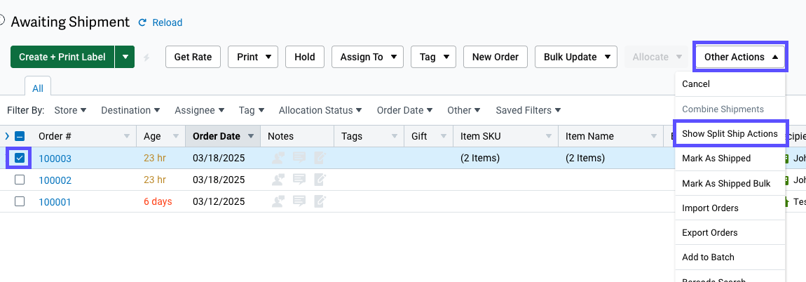 An order is selected on the orders grid and the other actions menu is expanded with show split ship actions selected.