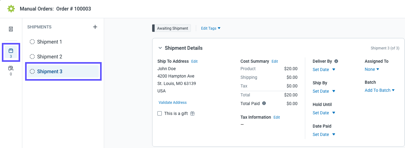 Shipment three is selected on the Order Details screen.