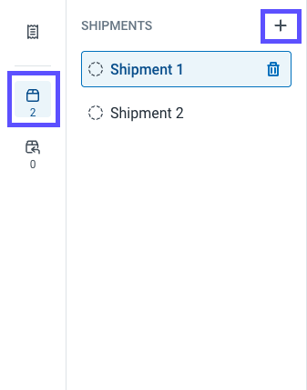 The plus icon to create another shipment is marked.