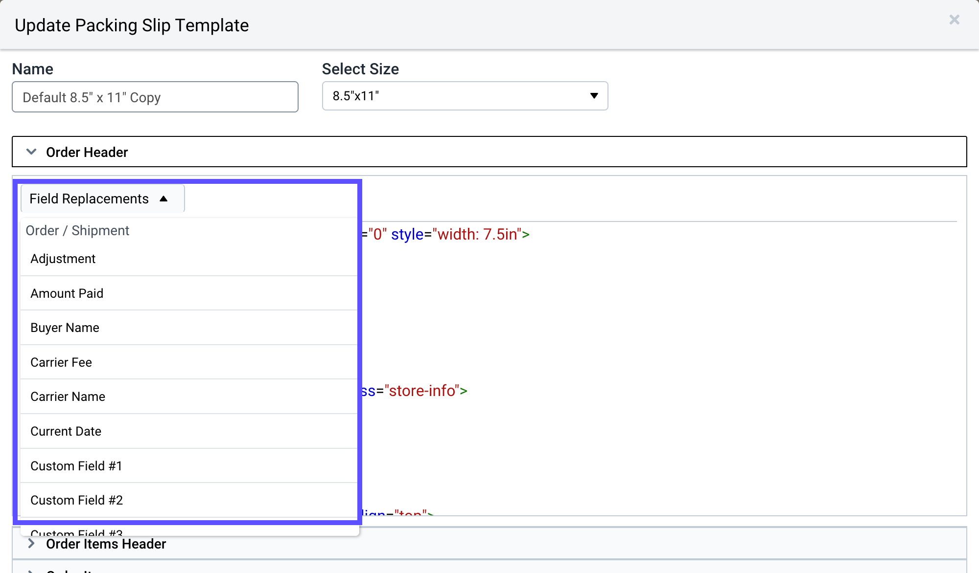 Packing Slip template editor with Field Replacement section outlined