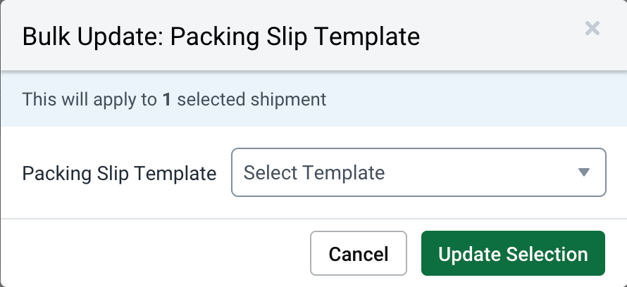 Bulk update: ​​Packing Slip Template​​ pop-up. Shows Select Template drop-down. Counts how many orders this applies to
