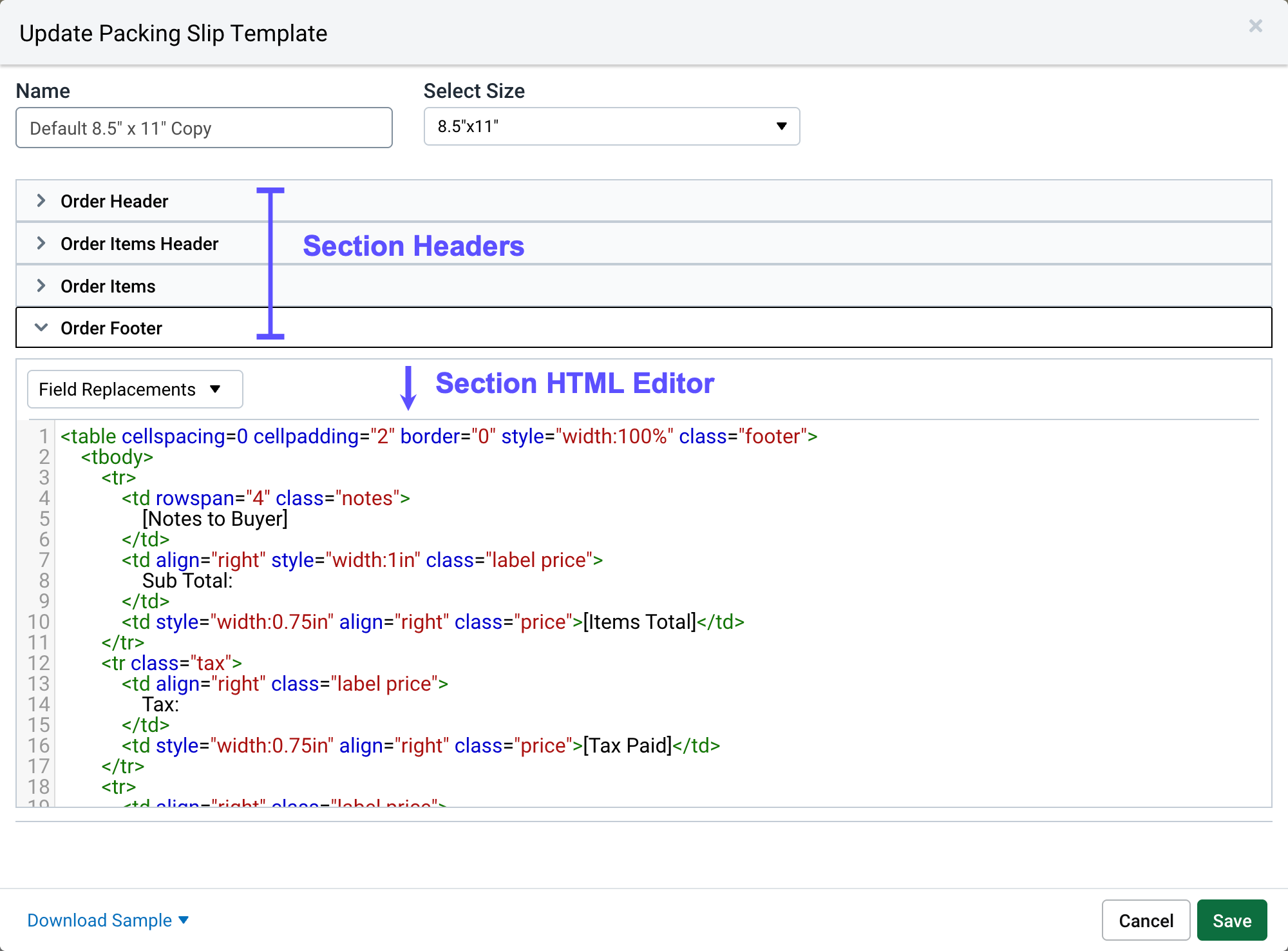 Packing Slip editor for 8.5 by 11 default packing slip: section headers and HTML editor annotated.