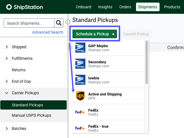 The Schedule a Pickup button with arrow pointing to the menu options.