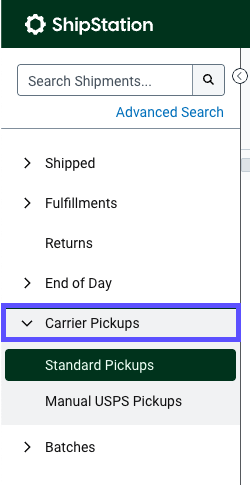 Shipments tab sidebar with Carrier Pickups option highlighted