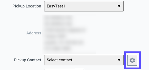 The pickup request form with the gear icon next to Pickup Contact marked.