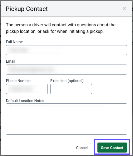 The pickup contact popup shows the contact details with the Save contact button marked.