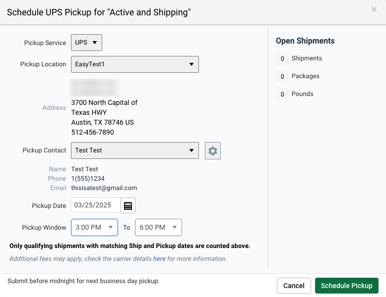 Schedule Pickup Popup. Lists Location, Pickup Contact, Date, and time window.