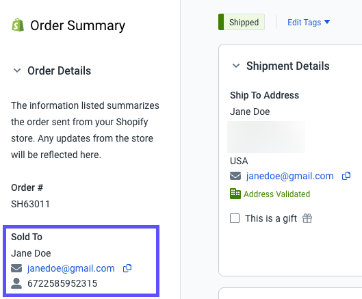 The sold to information is highlighted in the order summary section of the order details screen.