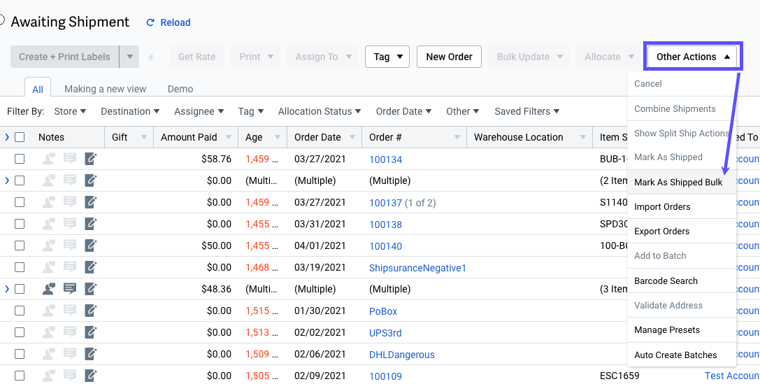 Orders grid, red box highlights Other Actions button, arrow points to Mark as Shipped in Bulk option