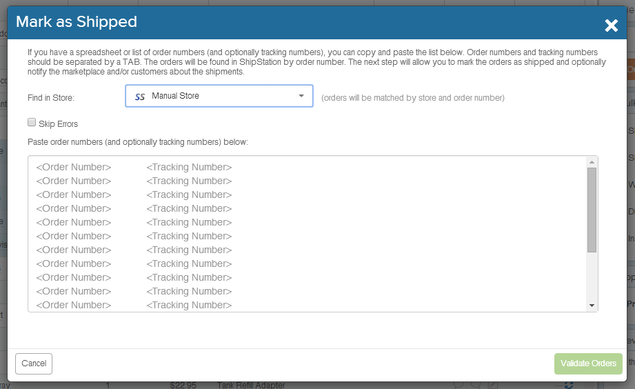 Mark as Shipped Bulk popup. Find aStore dropdown, Skip Errors checkbox, and field to accept Order & Tracking numbers