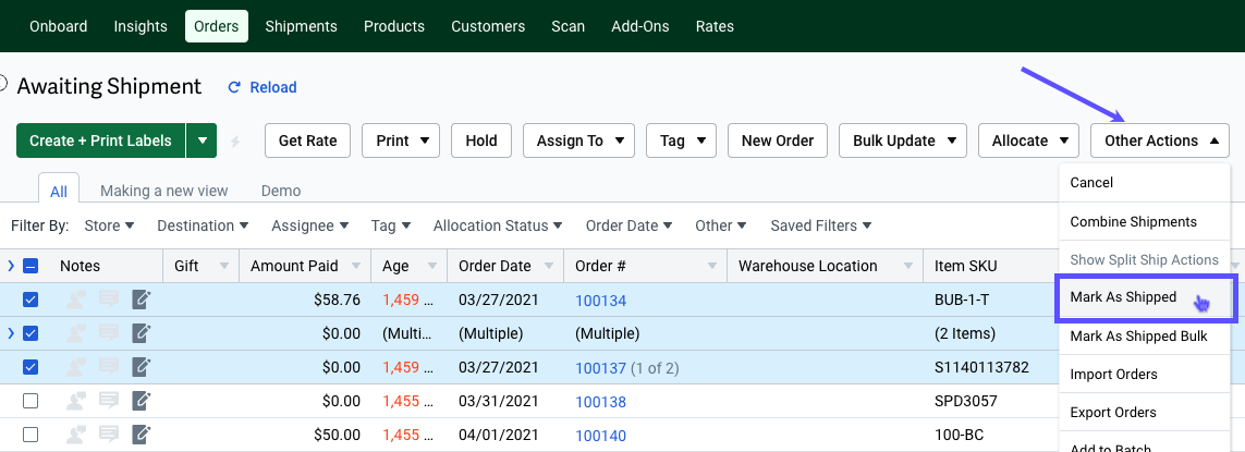 V3 Orders tab Other Actions menu, mark as shipped highlighted