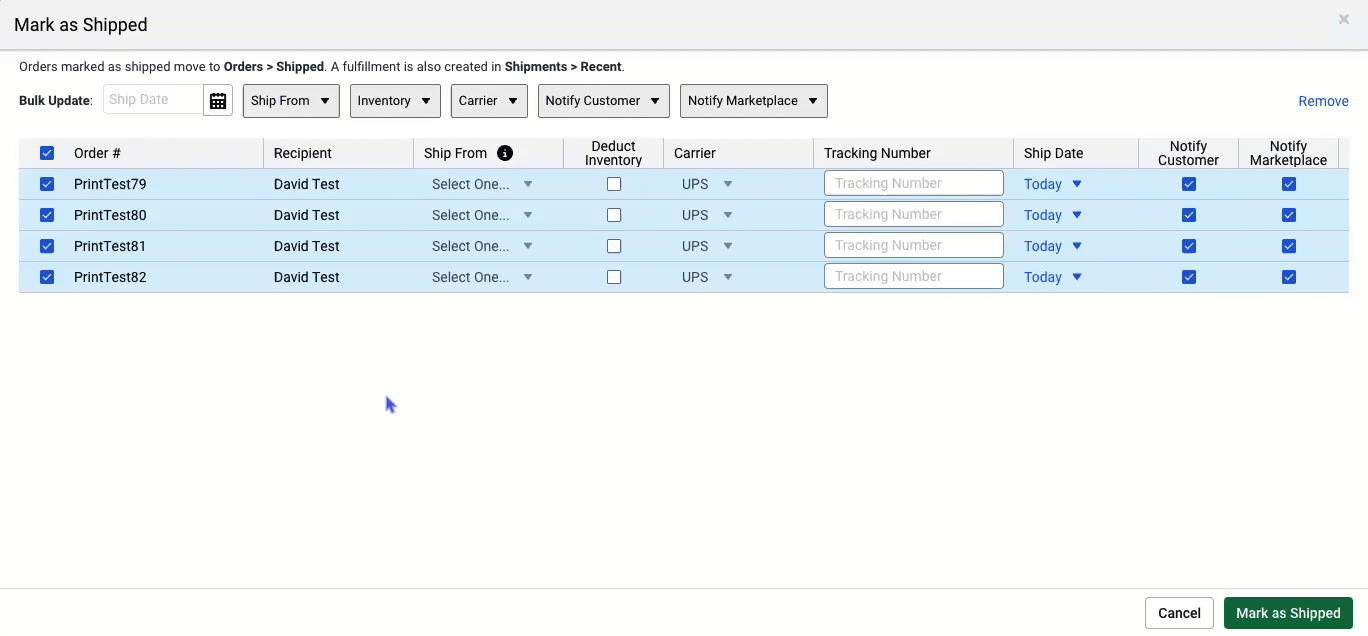 Bulk Mark as Shipped popup, shows all of the features in each column