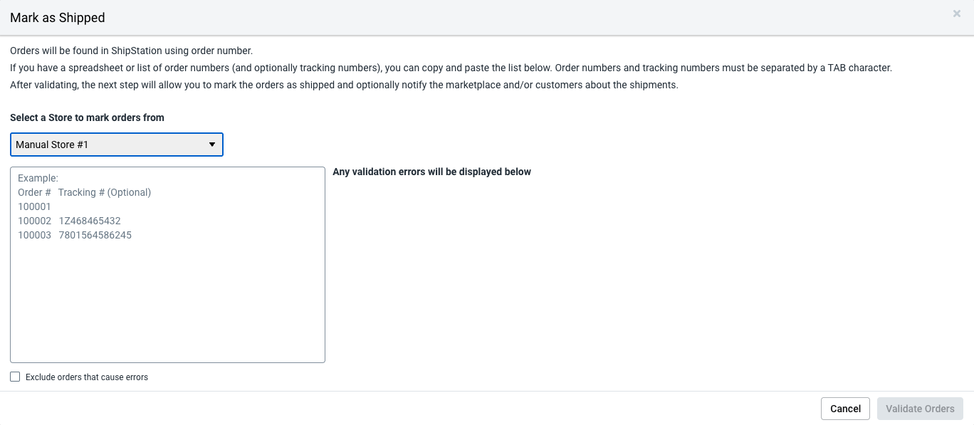 Mark as Shipped Popup listing Order numbers and Tracking numbers