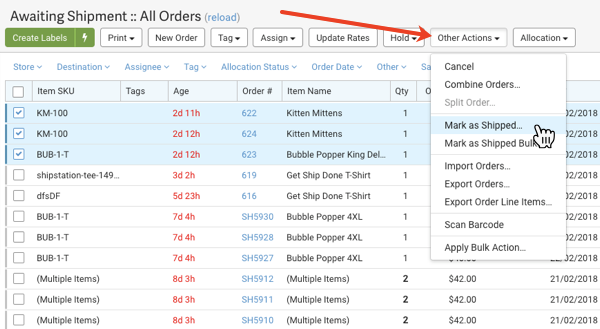 Red arrow points to Other Actions dropdown. Hand cursor & Blue highlight Mark as Shipped option.