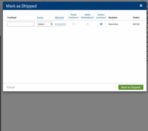 GIF demonstrates how Mark as Shipped function works