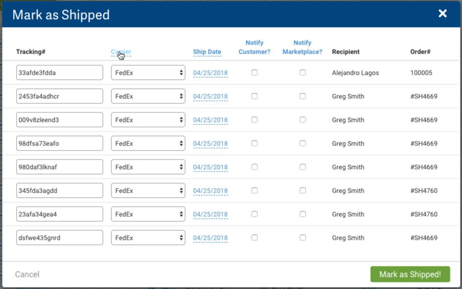 GIF shows Mark as Shipped popup: Carrier, Ship Date, & Notifications selected for multiple orders.