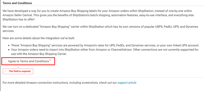 Los términos y condiciones de Amazon Buy Shipping se abren en la ventana de conexión de ShipStation, con la casilla para aceptar resaltada.