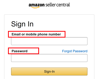 Pantalla de inicio de sesión para Amazon Seller Central con los campos de correo electrónico o número de teléfono y contraseña resaltados.