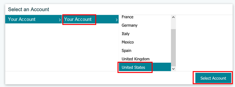 Menú de país de la cuenta de Amazon con la opción de Estados Unidos seleccionada.