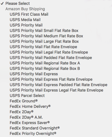 Menú desplegable de servicios, lista parcial de servicios de Amazon Buy Shipping.
