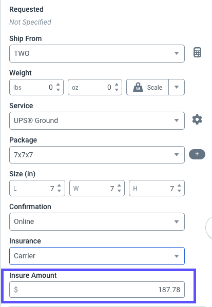 Widget Configuration de l'expédition, le champ Montant de l'assurance est encadré en rouge