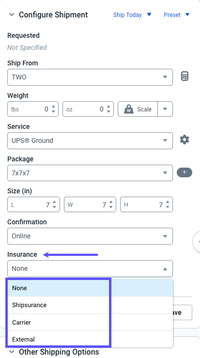 Widget para configurar envíos, la flecha apunta al menú desplegable de seguros con las opciones mostradas
