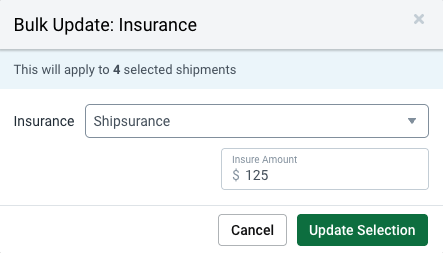 Ventana emergente de actualización a granel que muestra ParcelGuard como el seguro seleccionado