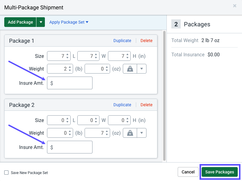 Envío multipaquete paquetes individuales con flecha apuntando al campo Importe asegurado.
